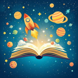An enchanting children's book cover designed in A4 format, depicting a vibrant rocket emerging from the pages of an open book, soaring upwards into a magnificent blue sky filled with sparkling stars and colorful planets
