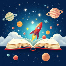 An enchanting children's book cover designed in A4 format, depicting a vibrant rocket emerging from the pages of an open book, soaring upwards into a magnificent blue sky filled with sparkling stars and colorful planets