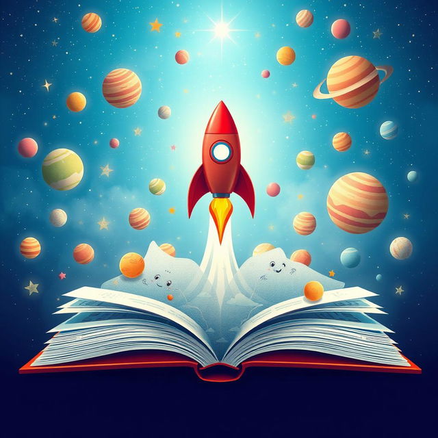 An enchanting children's book cover designed in A4 format, depicting a vibrant rocket emerging from the pages of an open book, soaring upwards into a magnificent blue sky filled with sparkling stars and colorful planets