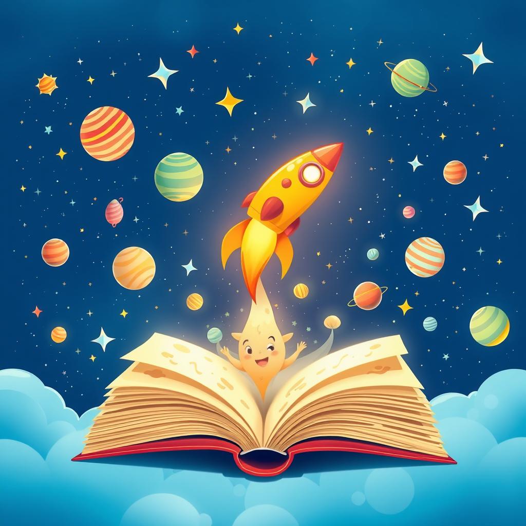 An enchanting children's book cover designed in A4 format, depicting a vibrant rocket emerging from the pages of an open book, soaring upwards into a magnificent blue sky filled with sparkling stars and colorful planets