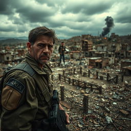 A poignant depiction of the tragedy of war in contemporary countries, showcasing ravaged landscapes with destroyed buildings, scattered debris, and distressed civilians