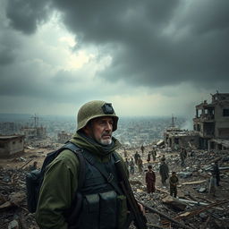 A poignant depiction of the tragedy of war in contemporary countries, showcasing ravaged landscapes with destroyed buildings, scattered debris, and distressed civilians