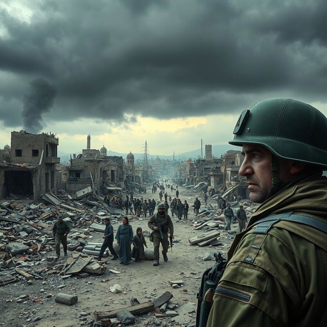 A poignant depiction of the tragedy of war in contemporary countries, showcasing ravaged landscapes with destroyed buildings, scattered debris, and distressed civilians