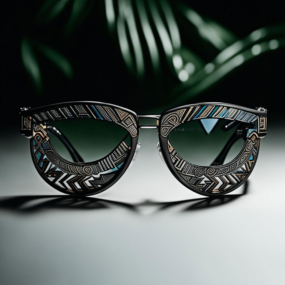 High-definition editorial magazine photography of a pair of sunglasses, inspired by Aztec designs