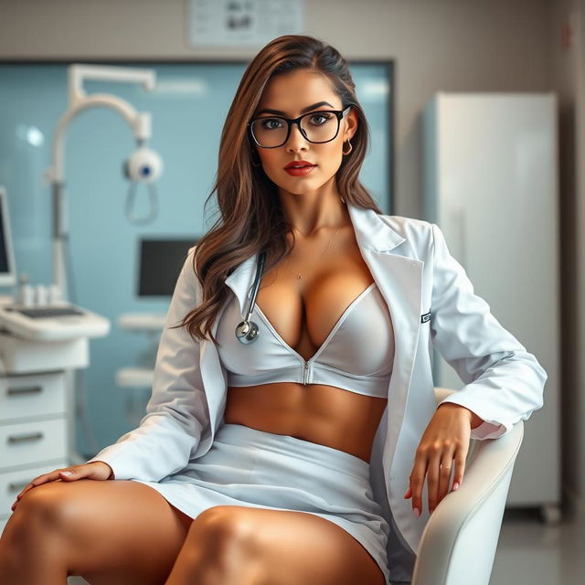 A hot female doctor with stylish glasses, sitting elegantly in a modern clinical office