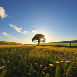 A serene landscape featuring a vast field of wildflowers in full bloom, with vibrant colors of yellow, purple, and red