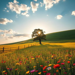 A serene landscape featuring a vast field of wildflowers in full bloom, with vibrant colors of yellow, purple, and red