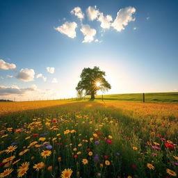 A serene landscape featuring a vast field of wildflowers in full bloom, with vibrant colors of yellow, purple, and red