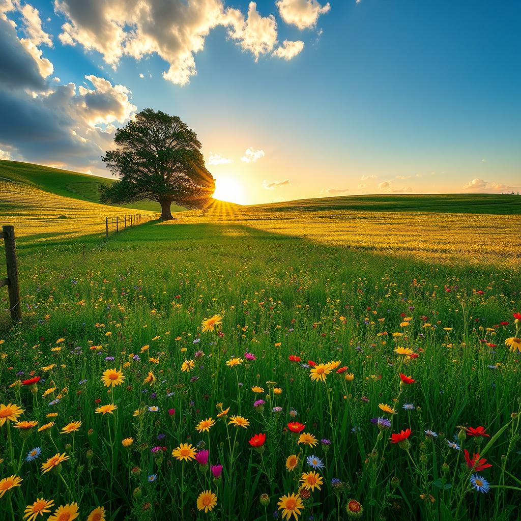 A serene landscape featuring a vast field of wildflowers in full bloom, with vibrant colors of yellow, purple, and red