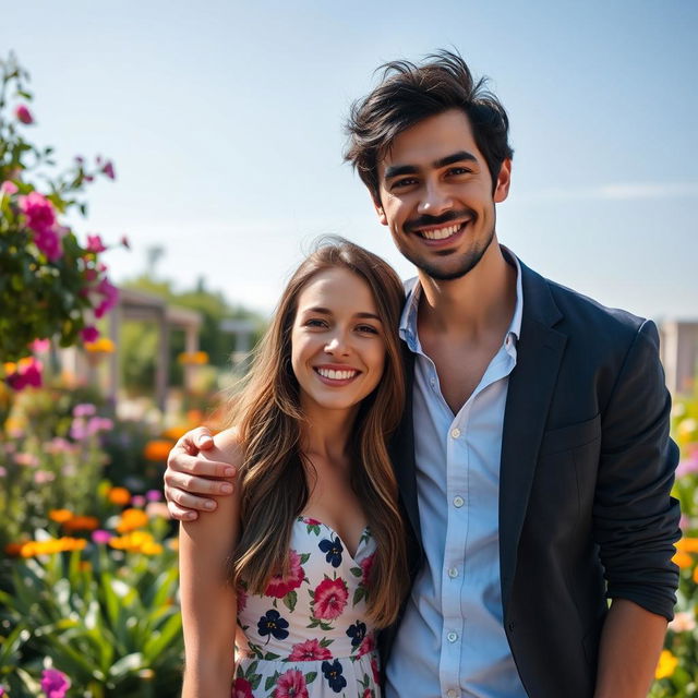 A portrait of a black-haired man and his beautiful young wife, both smiling joyfully in a warm and inviting outdoor setting