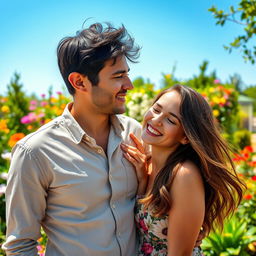 A portrait of a black-haired man and his beautiful young wife, both smiling joyfully in a warm and inviting outdoor setting