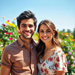 A portrait of a black-haired man and his beautiful young wife, both smiling joyfully in a warm and inviting outdoor setting