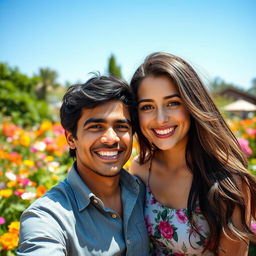 A portrait of a black-haired man and his beautiful young wife, both smiling joyfully in a warm and inviting outdoor setting