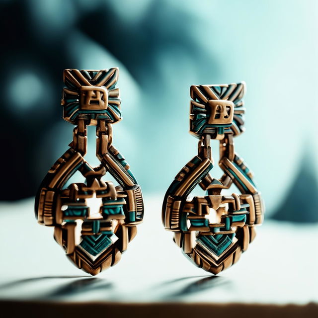 This is a high-definition editorial magazine photograph of a pair of earrings inspired by Aztec designs