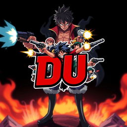 A dynamic logo design featuring the text 'DU' prominently displayed, with an illustration of students shooting guns layered over it, representing action and intensity