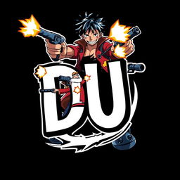 A dynamic logo design featuring the text 'DU' prominently displayed, with an illustration of students shooting guns layered over it, representing action and intensity
