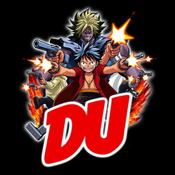 A dynamic logo design featuring the text 'DU' prominently displayed, with an illustration of students shooting guns layered over it, representing action and intensity