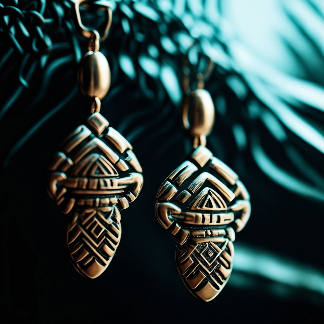 An HD photograph showcasing Aztec-inspired earrings