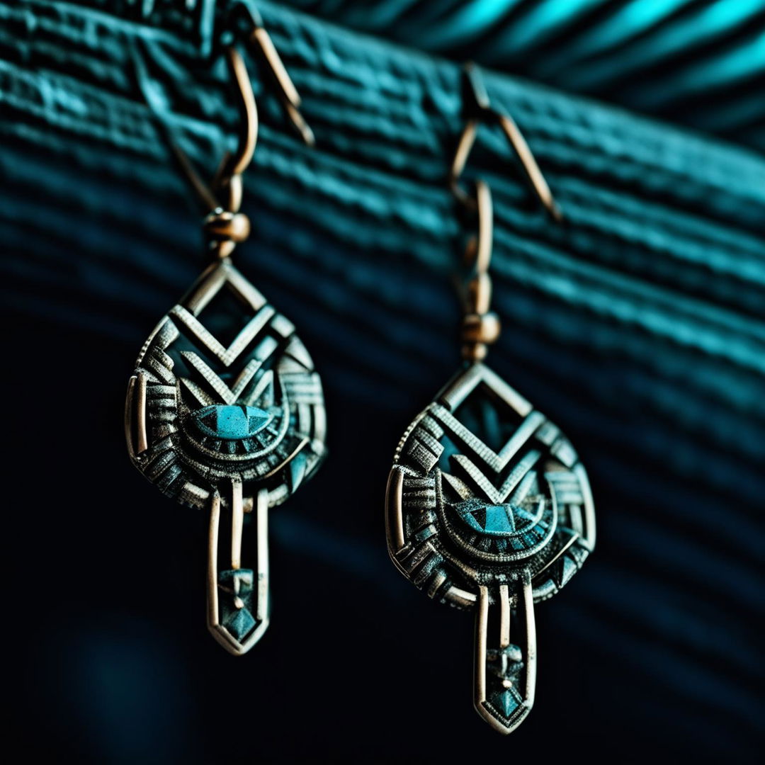 An HD photograph featuring a different pair of Aztec-inspired earrings