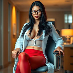 A sultry female doctor resembling a popular celebrity, with long dark hair and wearing stylish glasses
