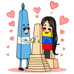 A charming and colorful scene depicting the Obelisco de Buenos Aires as a male figure and the Obelisco de Barquisimeto as a female figure, both animatedly designed with eyes, noses, mouths, and smiling, loving expressions