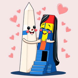 A charming and colorful scene depicting the Obelisco de Buenos Aires as a male figure and the Obelisco de Barquisimeto as a female figure, both animatedly designed with eyes, noses, mouths, and smiling, loving expressions
