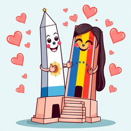 A charming and colorful scene depicting the Obelisco de Buenos Aires as a male figure and the Obelisco de Barquisimeto as a female figure, both animatedly designed with eyes, noses, mouths, and smiling, loving expressions