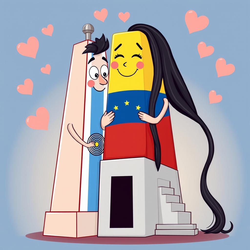 A charming and colorful scene depicting the Obelisco de Buenos Aires as a male figure and the Obelisco de Barquisimeto as a female figure, both animatedly designed with eyes, noses, mouths, and smiling, loving expressions