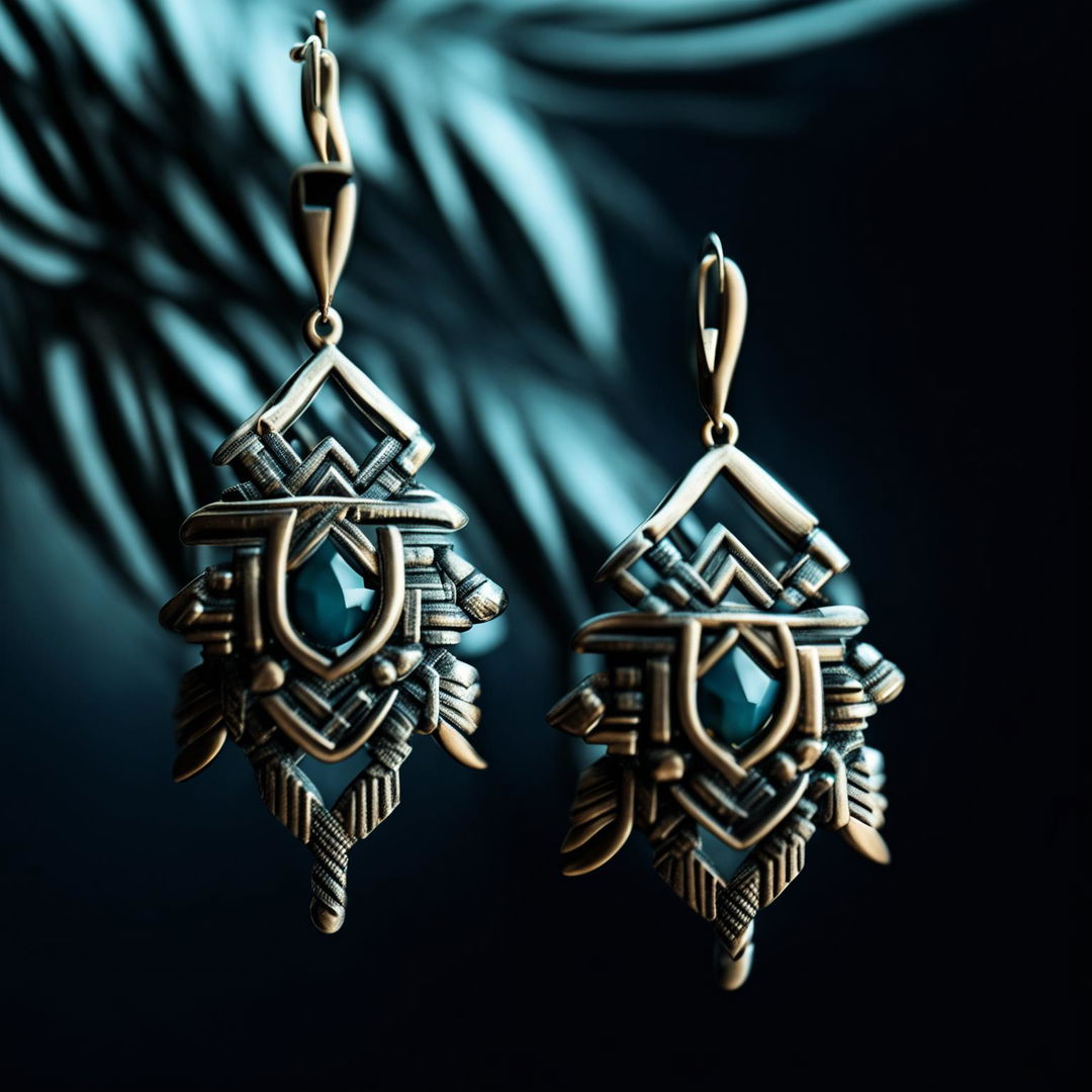 This is a high-definition, editorial magazine-style photograph of a pair of beautifully crafted earrings inspired by Aztec designs