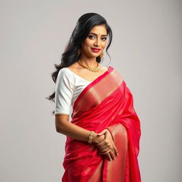 A glamorous female figure resembling a famous Bollywood actress, styled in a stunning ensemble featuring a crisp white blouse paired with a vibrant red saree
