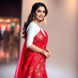 A glamorous female figure resembling a famous Bollywood actress, styled in a stunning ensemble featuring a crisp white blouse paired with a vibrant red saree