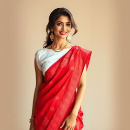 A glamorous female figure resembling a famous Bollywood actress, styled in a stunning ensemble featuring a crisp white blouse paired with a vibrant red saree