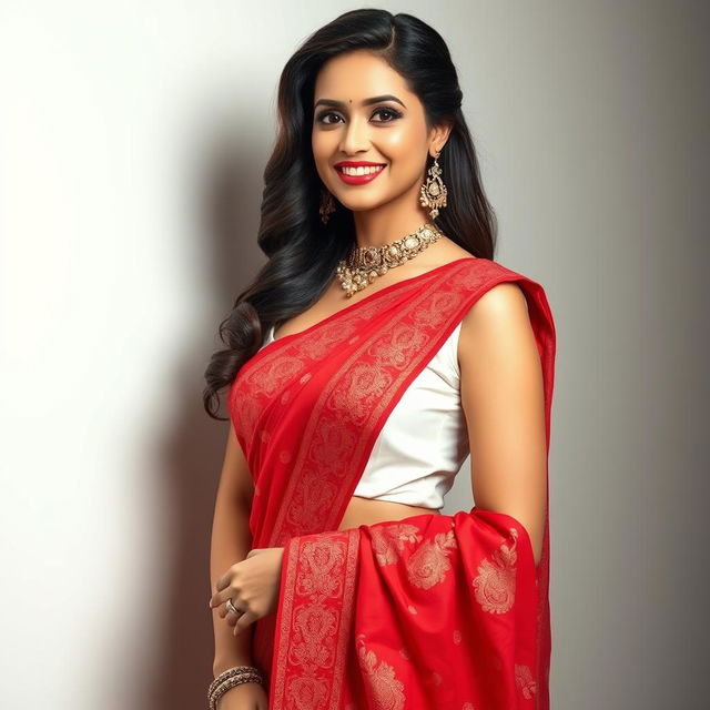 A glamorous female figure resembling a famous Bollywood actress, styled in a stunning ensemble featuring a crisp white blouse paired with a vibrant red saree