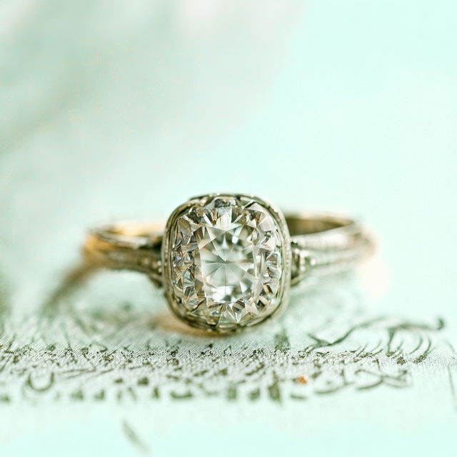 A high-definition, editorial magazine-style photograph highlighting another elegant engagement ring, this one with a square-cut stone