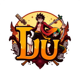A creative logo design for 'DU', where the letter 'D' is creatively represented by Luffy in his Gear 5 form, showcasing his vibrant energy and dynamic pose