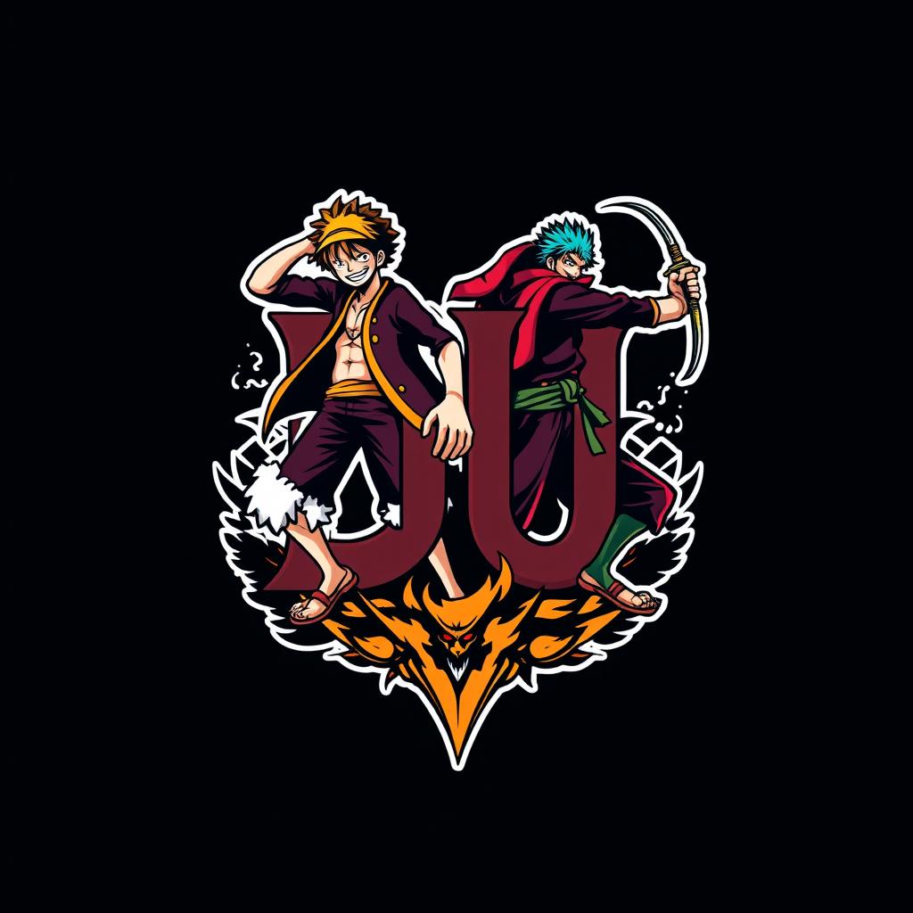 A creative logo design for 'DU', where the letter 'D' is creatively represented by Luffy in his Gear 5 form, showcasing his vibrant energy and dynamic pose