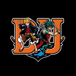 A creative logo design for 'DU', where the letter 'D' is creatively represented by Luffy in his Gear 5 form, showcasing his vibrant energy and dynamic pose