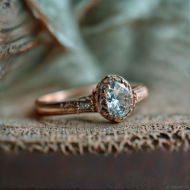 A high-definition, editorial magazine-style photograph featuring another elegant engagement ring, this one with an almond-shaped stone