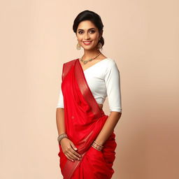 A glamorous female figure reminiscent of a well-known actress, styled in a stunning ensemble featuring a crisp white blouse paired with a vibrant red saree