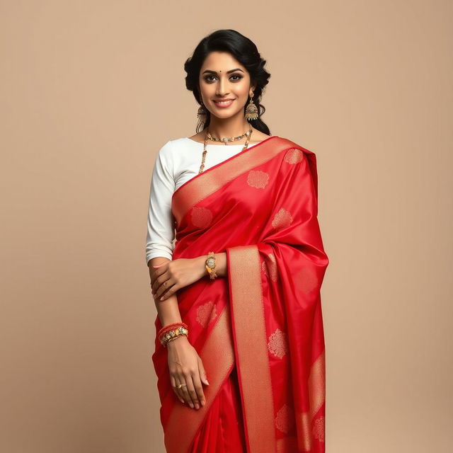 A glamorous female figure reminiscent of a well-known actress, styled in a stunning ensemble featuring a crisp white blouse paired with a vibrant red saree