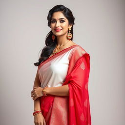 A glamorous female figure reminiscent of a well-known actress, styled in a stunning ensemble featuring a crisp white blouse paired with a vibrant red saree