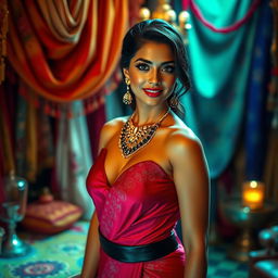 A glamorous female figure inspired by the persona of a well-known Indian actress and model