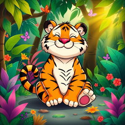 A cartoonish fat tiger sitting comfortably on a colorful jungle background, playfully squatting with a silly expression while attempting to poop, surrounded by vibrant tropical plants and playful elements like butterflies and sunshine peeking through the trees