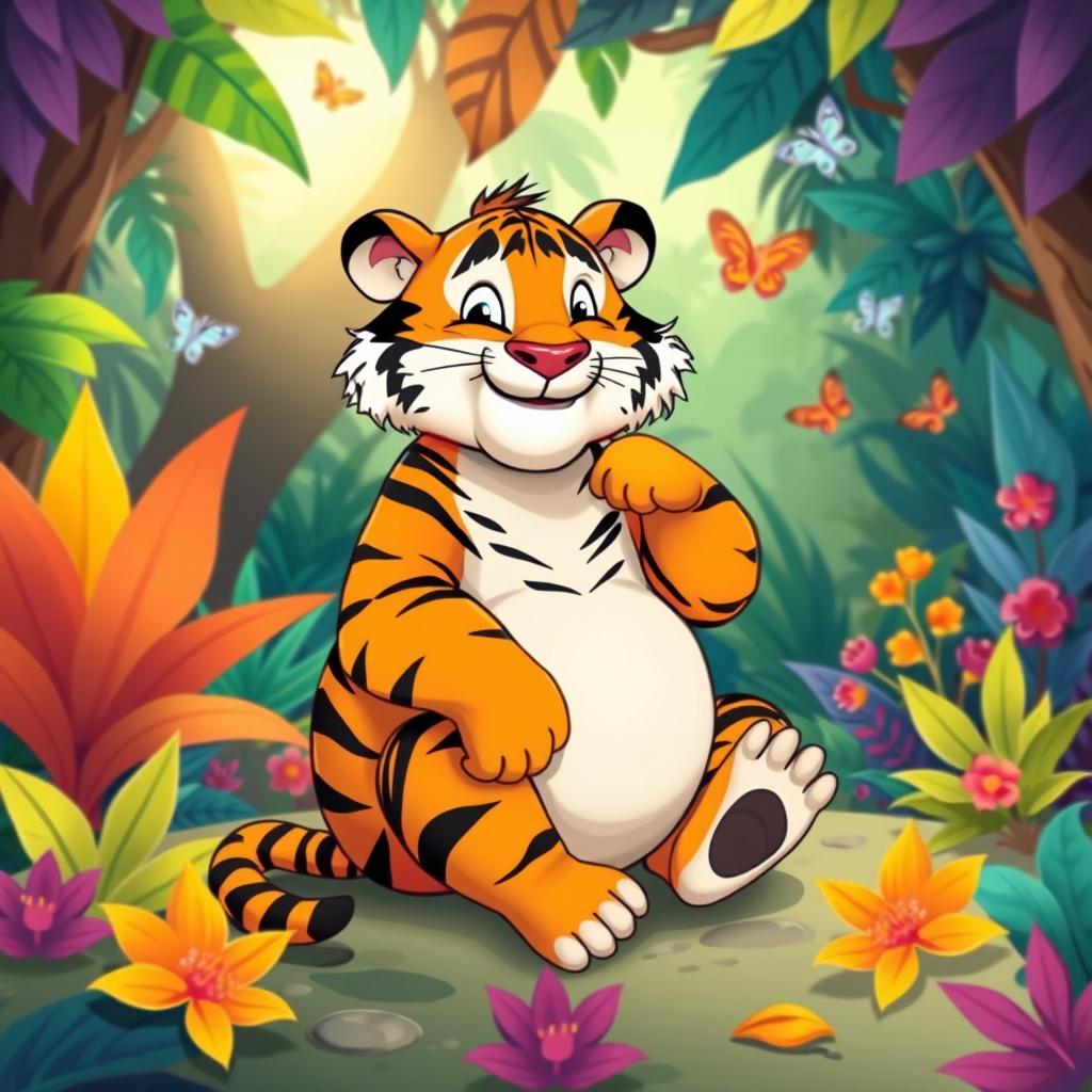 A cartoonish fat tiger sitting comfortably on a colorful jungle background, playfully squatting with a silly expression while attempting to poop, surrounded by vibrant tropical plants and playful elements like butterflies and sunshine peeking through the trees