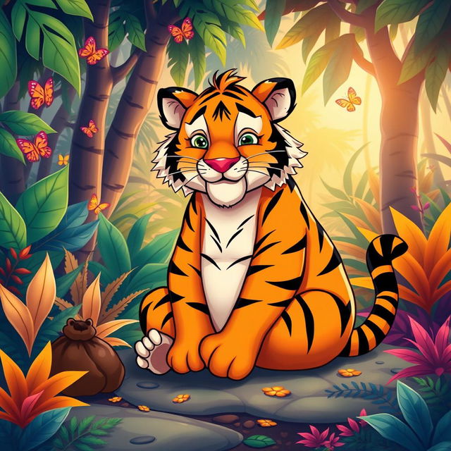 A cartoonish fat tiger sitting comfortably on a colorful jungle background, playfully squatting with a silly expression while attempting to poop, surrounded by vibrant tropical plants and playful elements like butterflies and sunshine peeking through the trees