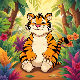 A cartoonish fat tiger sitting comfortably on a colorful jungle background, playfully squatting with a silly expression while attempting to poop, surrounded by vibrant tropical plants and playful elements like butterflies and sunshine peeking through the trees