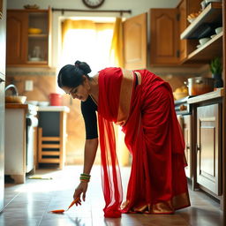 An Indian woman dressed in a traditional outfit consisting of a fitted black blouse and a flowing red saree, gracefully bending over to pick up a carrot from the kitchen floor
