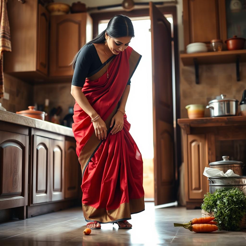 An Indian woman dressed in a traditional outfit consisting of a fitted black blouse and a flowing red saree, gracefully bending over to pick up a carrot from the kitchen floor