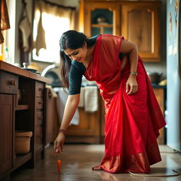 An Indian woman dressed in a traditional outfit consisting of a fitted black blouse and a flowing red saree, gracefully bending over to pick up a carrot from the kitchen floor