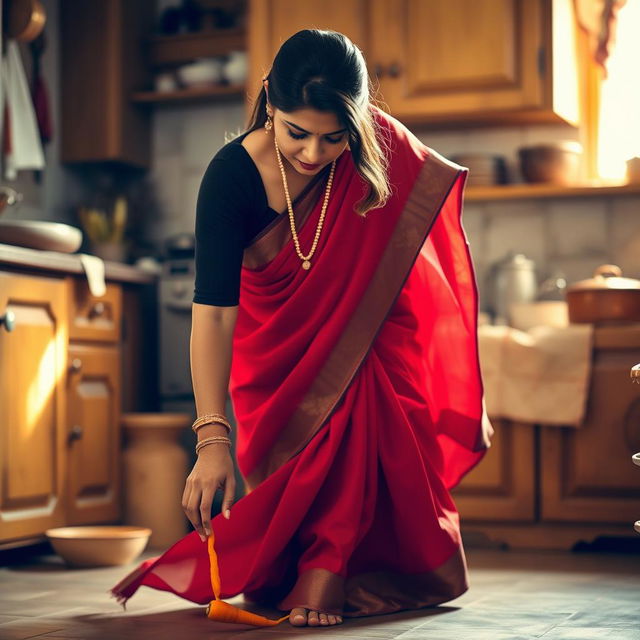 An Indian woman dressed in a traditional outfit consisting of a fitted black blouse and a flowing red saree, gracefully bending over to pick up a carrot from the kitchen floor